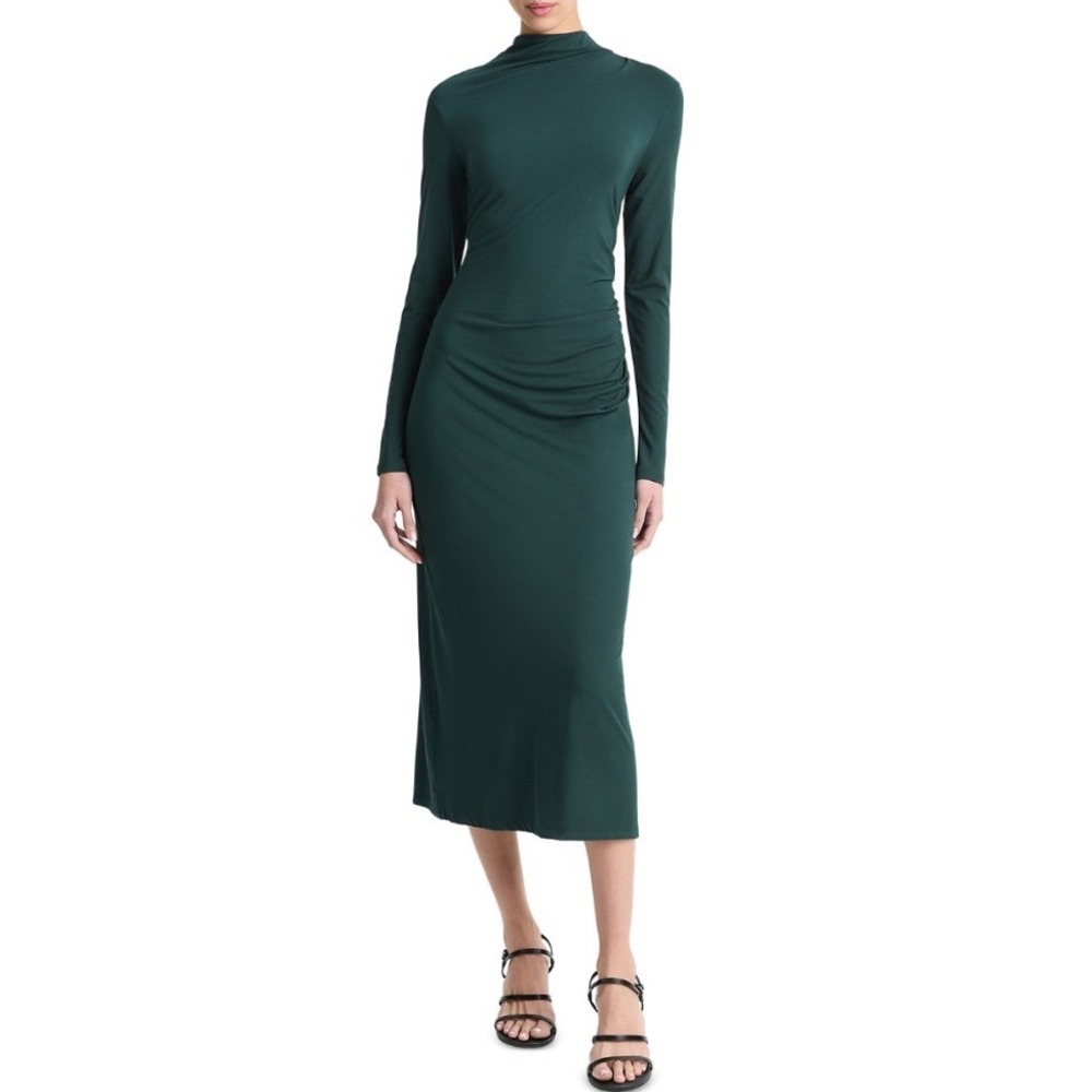 Vince Mock Neck Ruched Midi Dress Juniper Green‎ Long Sleeve XL V990784399
